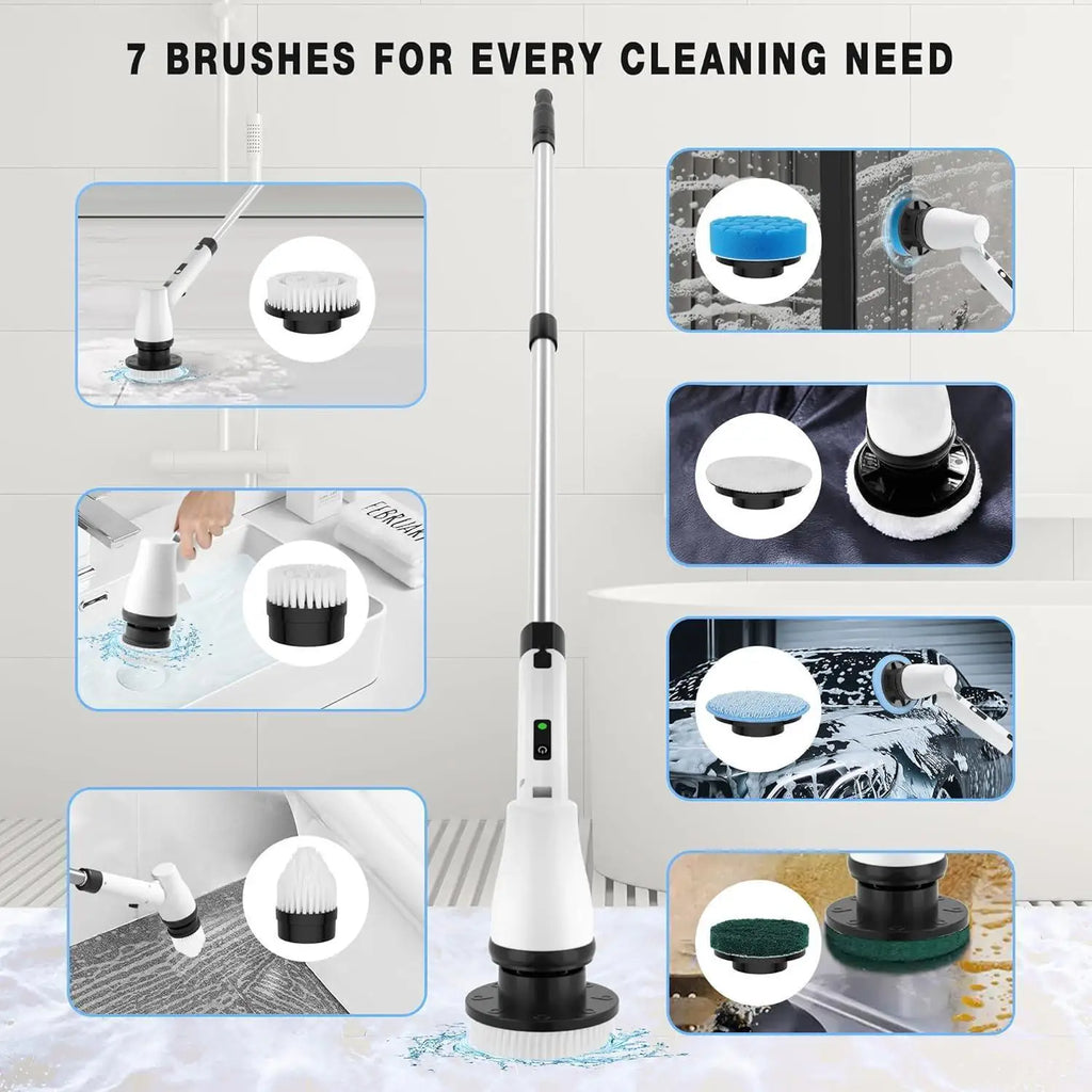 Electric Spin Scrubber Cordless Cleaning Brush with 7 Replaceable Brush Heads & Adjustable Extension Handle, 2 Speed Power Showe