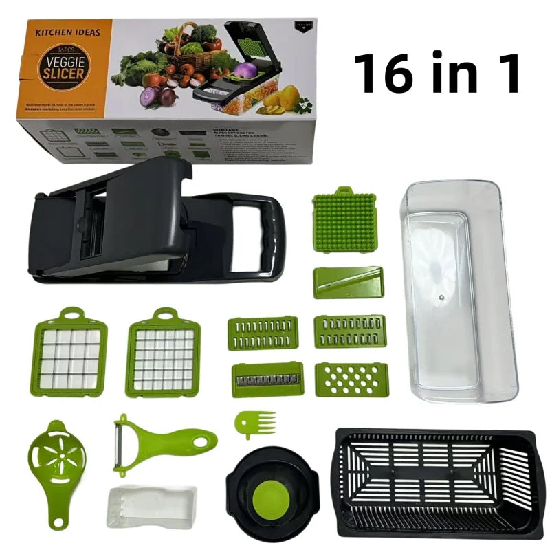 Vegetable Chopper, 16-in-1 Multifunctional Food Chopper, Professional Onion Chopper, Vegetable Cutter with Container